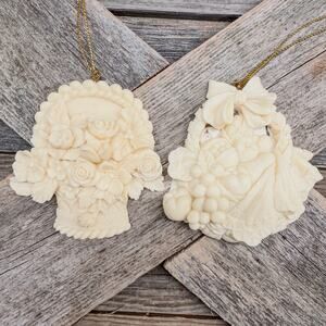 1995 Vintage Roman Inc-The Flower Basket and The Fruit Basket Ornaments-Set of 2